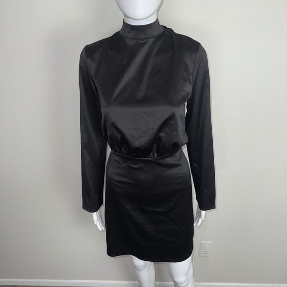 Commense Black Mini Dress Long Sleeve Mock Neck Tie Back Cocktail Bodycon M - Picture 12 of 17